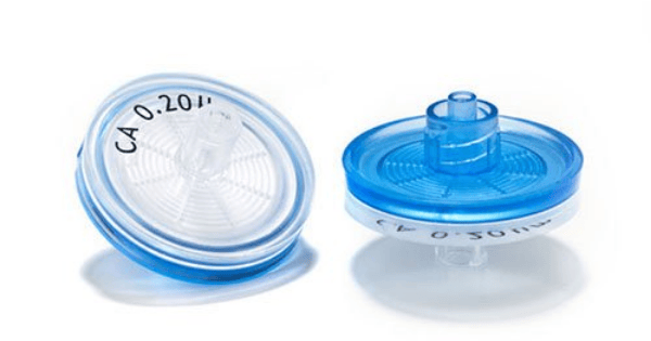 Blue syringe filters by GVS Malaysia, featuring detailed labeling for precise laboratory use.